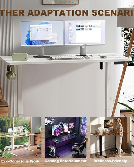 Veken 55 Inch Large Electric Standing Desk,Sit to Stand Up, Heights Adjustable, Work Home Office Computer Table for Study, Walking Pad, Writing, and Games, Wooden Desktop Desks, White