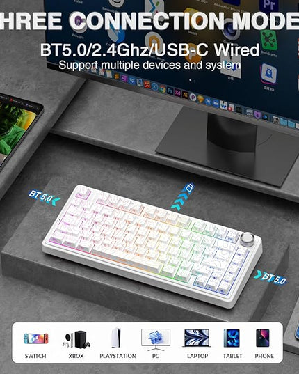 AULA F75 Pro Wireless Mechanical Keyboard with Knob,75% Hot Swappable Custom Gaming Keyboards,RGB Backlit,Pre-lubed Switches,Side Printed PBT Keycaps Creamy Sounding Computer Keyboard, Line White