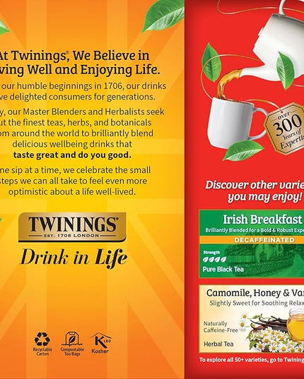 Twinings Decaffeinated English Breakfast Black Tea Individually Wrapped Bags, 25 Count (Pack of 6), Flavourful, Robust, Enjoy Hot or Iced, 150 Teabags