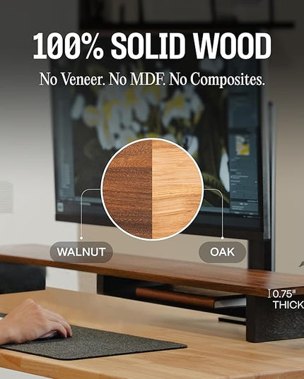 Solid Wood Dual Monitor Stand Riser – 43" Oak Desk Shelf for 2 Monitors with Tray & Wool Felt, Organizer for Desktop, Laptop and Office (Solid Oak)