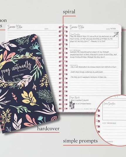 Steel Mill & Co Cute Floral Spiral Notebook Journal for Notes, 10.5" x 7.5" Sermon Notes and Church Notes Journal for Women with Durable Hardcover and 60 Lined Pages with Prompts, Navy Floral