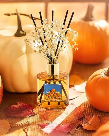 COCORRÍNA Reed Diffuser - Morton Pumpkin Harvest Reed Diffuser Set with 8 Sticks & Preserved Baby's Breath, Reed Diffuser for Home Bathroom Shelf Decor