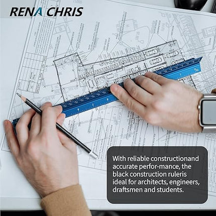 Rena Chris 2PCS Architectural Scale Ruler: 12" Imperial Aluminum Triangular Scale Ruler, Laser-Etched Architecture Ruler, Drafting & Architect Ruler for Architects, Students, Draftsman(Blue)