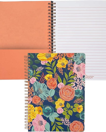Steel Mill & Co Cute Floral Mini Spiral Notebook, 8.25" x 6.25" Journal with Durable Hardcover and 160 Lined Pages, Garden Blooms (Navy)
