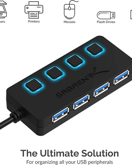 SABRENT 4-Port USB 3.0 Hub with Individual LED Power Switches - Slim, Portable Design - 2 Ft Cable - Fast Data Transfer - Compatible with Mac & PC (HB-UM43)