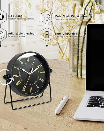 AYRELY® Vintage Black Metal Desk Clock,Battery Operated Mantel Clocks, Decorative Table Clocks with Adjustable Angle for Fireplace Farmhouse Shelf Living Room Décor (Black/Gold)