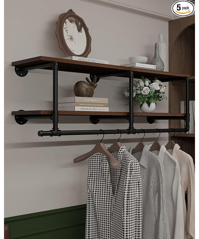 Wall Mounted Clothes Rack 12 Inch Deep, 42 Inch Heavy Duty Garment Rack with Real Walnut Wood Shelf, Multi-Purpose Hanging Rod & Space-Saving Closet Storage Organizer