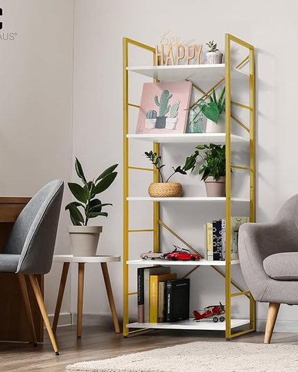 CAPHAUS 5 Tier Bookshelf, 24 Inch Width Free Standing Shelf, Bookcase Shelf Storage Organizer, Industrial Book Shelves for Home Office, Living Room, Kitchen, White Wooden Shelves & Gold Frame
