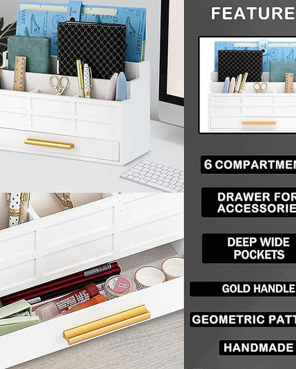 dreampossible white Wood Desk Organizer and Accessories with Drawer, Bill Mail Organizer and File Mail Holder for Office Supplies, Rustic Desk Accessories & Workspace Organizers for Desk Organization