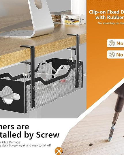 Under Desk Cable Management Tray 15.95", Quszmd Cable Organizer No Drill, Standing Cord Organizer and Wire Management Tray - No Damage to Desk, Black