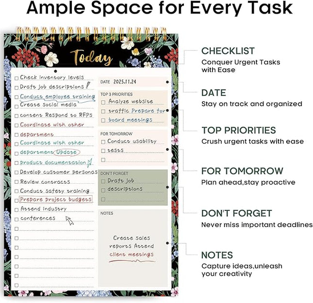 Taja To Do List Notepad - To Do List Notebook for Work with 52 Sheets, 9.8" x 6.5", Undated Daily Planner Perfect for Daily Tasks and Goal Setting, Notepad Suitable for Office, Home & School - Forest Bloom