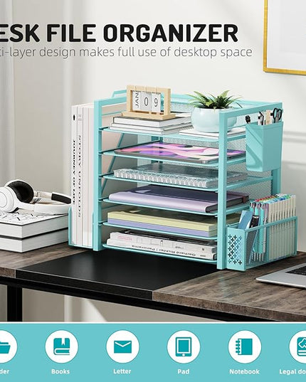 Simple Trending 6 Tier Desk File Organizer, Paper Letter Tray Organizer with File Holder and Pen Container, Blue