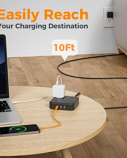 Surge Protector Flat Extension Cord 10FT, TESSAN Flat Plug Power Strip with 4 Outlets 3 USB Ports (1 USB C), 900 Joules Protection, Multiple Wall Outlet Extender Suitable for Home Office Dorm, Black