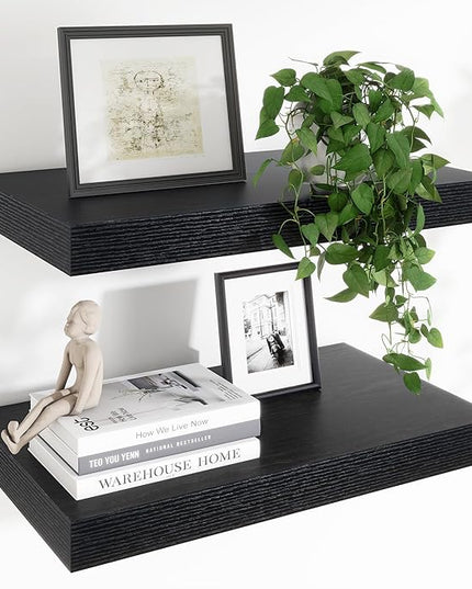 Heimlove 24 x 12 Inch Deep Floating Shelves Wall Mounted with Invisible Brackets,Storage Hanging Shelf for Wall Decor in Bathroom, Bedroom, Toilet, Kitchen, Living Room, Office Set of 2 (Black)