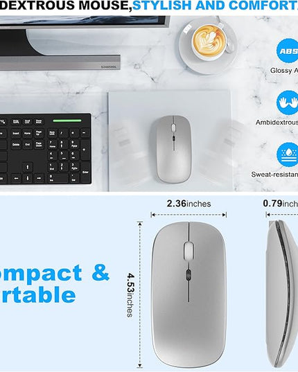 Azmall Bluetooth Wireless Mouse, Slim LED Rechargeable Silent Mouse with 2.4GHz USB-A/USB-C Receiver & Type-C Adapter, Compatible with Laptop, MacBook, iPad, iPad Pro,Mac,Tablet – Grey