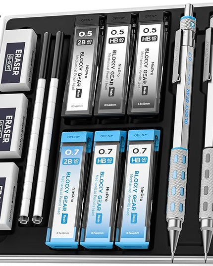 Nicpro Blocky Gear 0.5 mm & 0.7 mm Mechanical Pencils Set in Case, Metal Pencil with 6 Tube Lead Refills, Eraser, Eraser Refills for Professional & Adult Art Writing Drafting Drawing Sketching