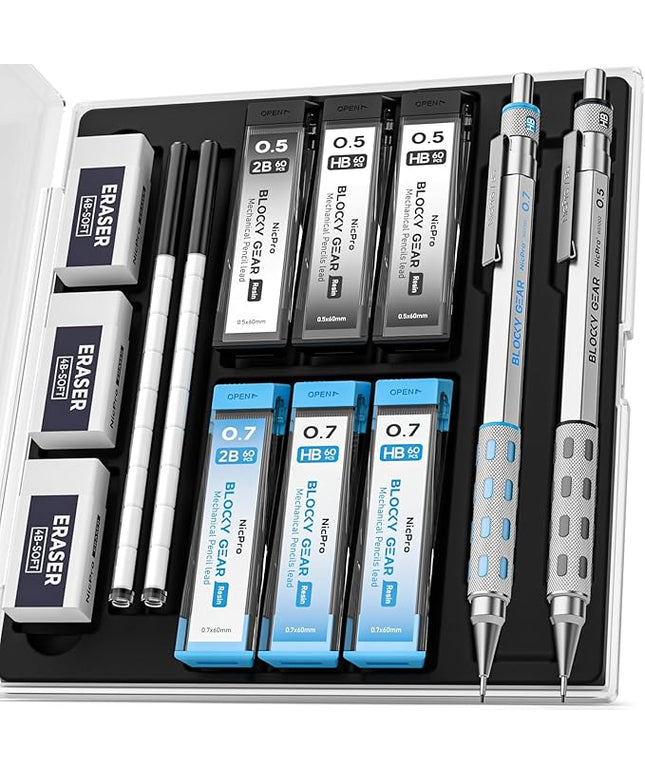 Nicpro Blocky Gear 0.5 mm & 0.7 mm Mechanical Pencils Set in Case, Metal Pencil with 6 Tube Lead Refills, Eraser, Eraser Refills for Professional & Adult Art Writing Drafting Drawing Sketching