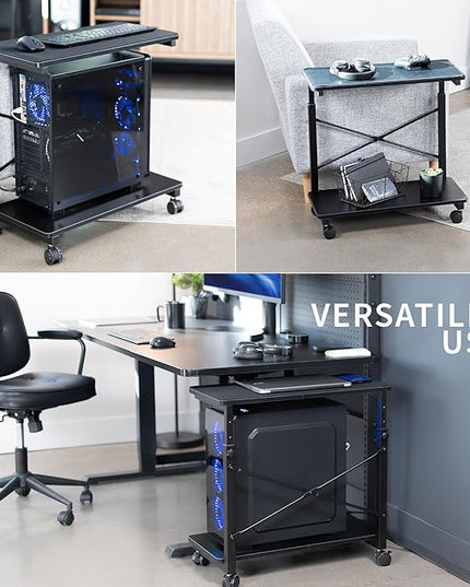 VIVO Large Mobile Adjustable 2-Tier PC Stand, Premium Gaming CPU Computer Tower and Mouse Storage, Rolling Floor Cart, Locking Caster Wheels, Black, CART-PC03P