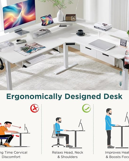 RedLemon 60 Inches L Shaped Electric Standing Desk, Height Adjustable Corner Gaming Desk with Drawers, Keyboard Tray, Power Outlets & LED Lights, Computer Desk with Monitor Shelf, Antique White
