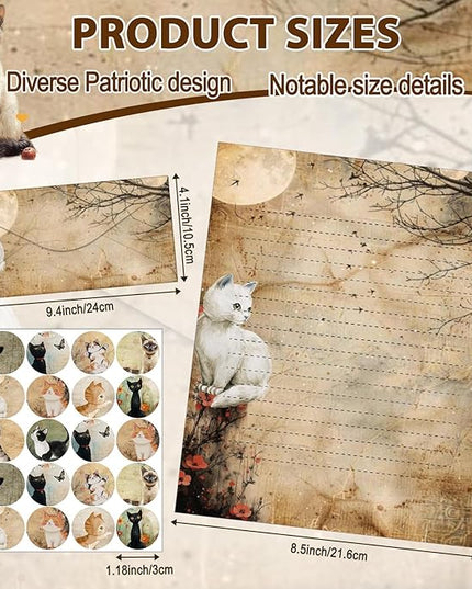TaoBary 160 Pcs Stationery Paper Set 50 Double Sided Stationery Papers with 50 Matching Envelopes and 60 Round Dot Sticker, 10 Design(Kitten,8.5 x 11 Inch)