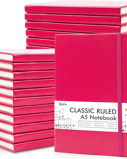 feela 24 Pack Journal Notebook for Work, Business Notebook Bulk Hardcover Lined Writing Journal with Pen Holder for Men Women Note Taking, with 24 Black Pens, 120 GSM, 5.1”x8.3”, A5, Berry