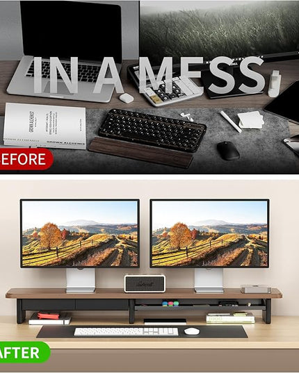 Large Dual Monitor Stand For Desk,43 Inch Desktop Computer Riser with Metal Drawer Desk Shelf Organizer For Computer/Laptop/PC/Printer/TV