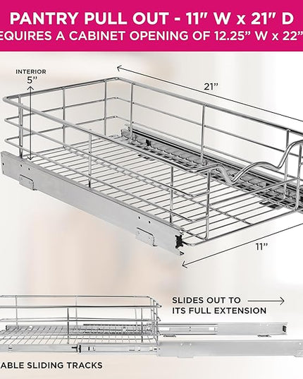HOLDN’ STORAGE Heavy-Duty Premium Collection Pull Out Cabinet Organizer, Cabinet Drawer Slide Outs, Lifetime Limited Warranty - Basket Size 11" W x 21" D x 5" H, Anti-Rust Chrome Finish
