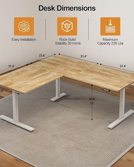 Grandder 63 x 55 Inch L Shaped Standing Desk, Electric Height Adjustable Corner Stand Up Desk, Sit Stand Corner Table Home Office Table, Oak Top White Frame