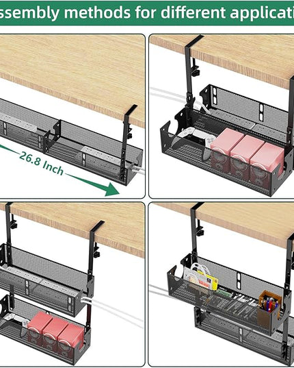 Multi-Model Under Desk Cable Management Tray 2 Packs Metal Under Desk Wire Management Clamp Mount Under Table Cord Management No Damage The Desk (Black)