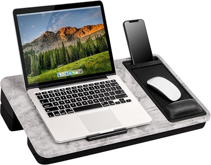 LAPGEAR Extra Large Adjustable Lap Desk – Fits Laptops up to 17.3”, Adjustable Cushion, Memory Foam Wrist Rest, Mouse Pad, Device Ledge, & Phone Slot – White Marble - Style No. 88101