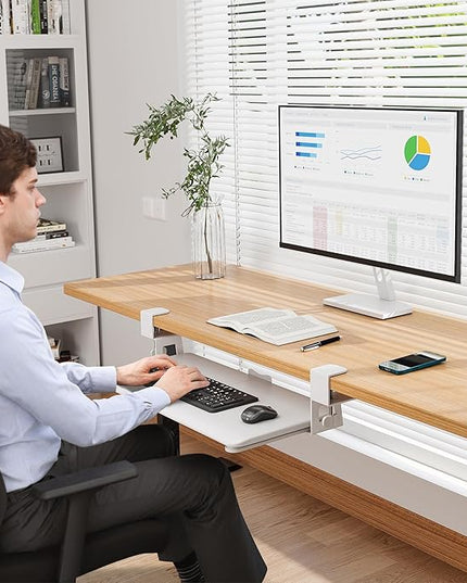 BONTEC KMT01 Under Desk Keyboard Tray, Pull-Out Keyboard & Mouse Platform with C-Clamp, 25.6 x 11.8 in Space-Saving Ergonomic Slide-Out Drawer, White