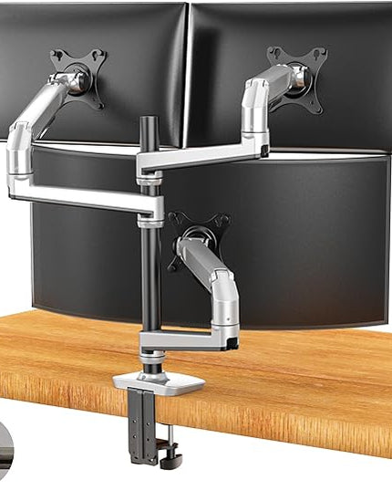 Triple Monitor Mount, Holds Screens up to 40 Inches and 25 lbs, Fully Adjustable 3 Monitor Desk Mount with C-Clamp and Grommet Base, Aluminum, Silver