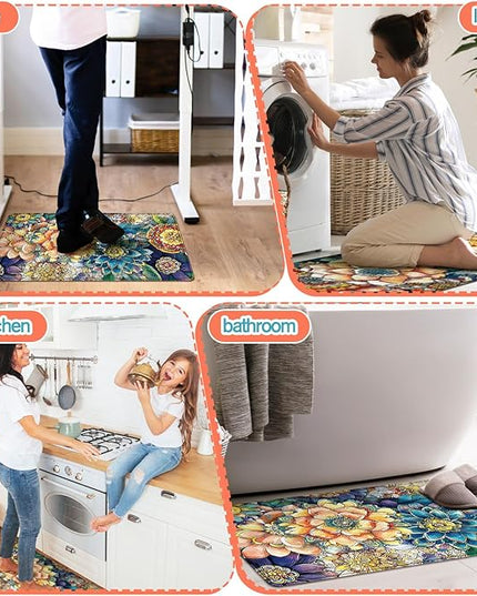 Dunzy 3 Pcs Anti Fatigue Boho Floral Rugs Mats for Kitchen Floor Non Slip Cushioned Waterproof Standing Runner Anti Fatigue Memory Foam Padded Rug for Sink Laundry Home, 17 x29 17 x47, 17 x59