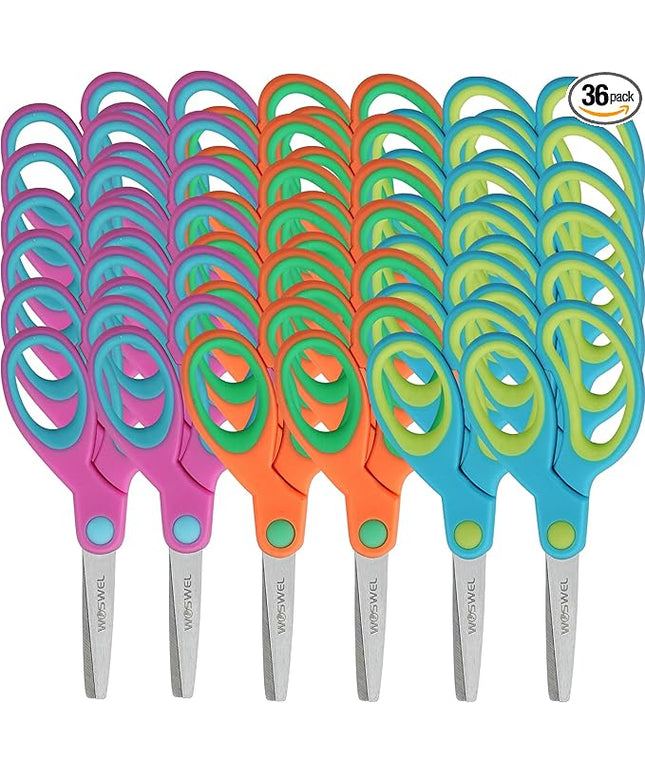 Kids Scissors Bulk, Woswel 36 Pack Safety Blunt Tip Student Scissors, 5 “ Student Scissors with Comfort Grip, Assorted Colors Children Craft Scissors for Cutting Paper Craft Art Supplies