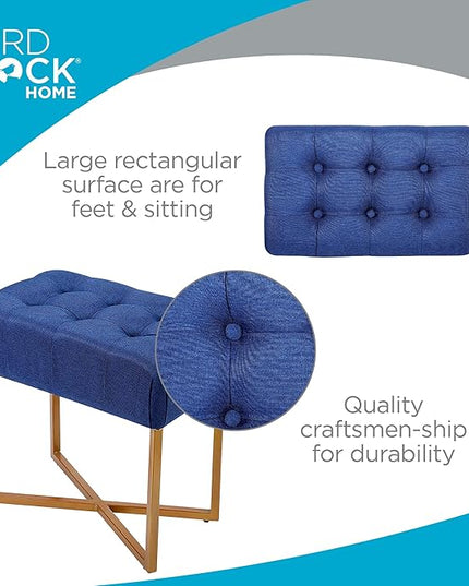BIRDROCK HOME Rectangular Tufted Foot Stool Ottoman with Soft Padded Cushion - Versatile Vanity Chair for Bedroom, Living Room, Bathroom - Compact Seating for Adults - Blue with Pale Gold Metal Legs
