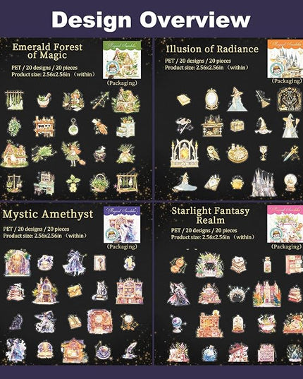 AuriicLeaf Magic-Themed PET Sticker Set, 80PCS Fantasy Adventure Stickers for Scrapbooking, Journaling, DIY Crafts, and Art Supplies