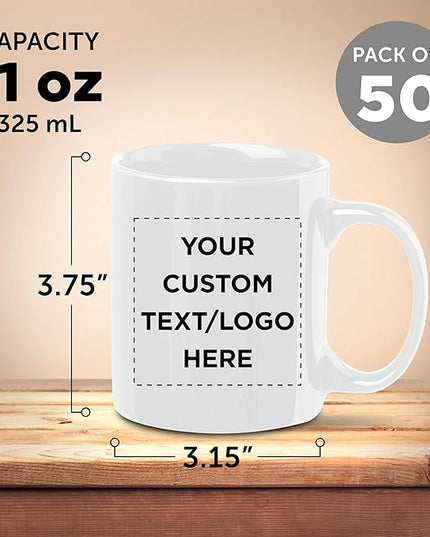 Custom Ceramic Coffee Mugs 11 oz. Set of 50, Personalized Bulk Pack - Coffee cup set, Iced coffee cup, Gaming mug - White