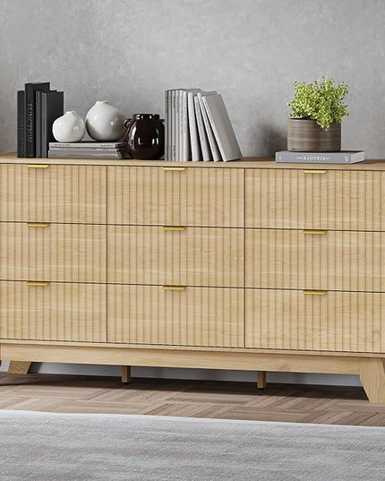 BORNOON Fluted 9 Drawer Dresser, 57.1" Wide Modern Boho Chest of Drawers, Wooden Storage Dresser TV Stand for Bedroom, Living Room, Closet, Hallway, Curved Profile Design