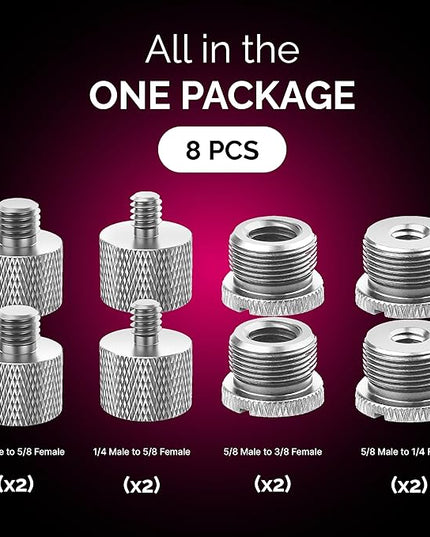 IXTECH Mic Stand Adapter Set 8 pc - Metal Tripod Adapters Female-Male 5/8-3/8, 3/8-5/8, 5/8-1/4, 1/4-5/8 ADP02 Silver