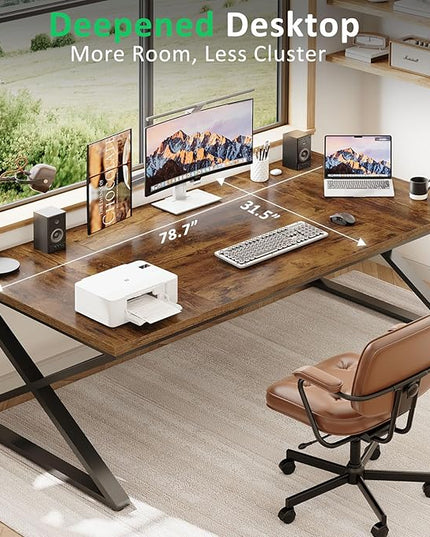 IBF Rustic Large Desk for Home Office, 78.7" Extra Long Computer Desk, Wood Metal Wide Work Desk for Study Writing, Farmhouse Dual Monitor Workstation Gaming Desk Computer Table, Rustic Brown