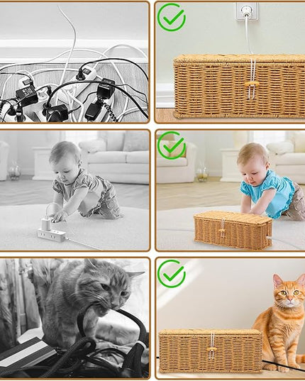 Cable Management Box, Handmade Imitation Rattan Cord Cable Organizer, Open Slots Cords Hider Box Cord Basket Under Desk Cord Organizer for Computer Router USB Hub & Power Strip