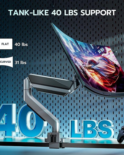 ARES WING Single Monitor Arm, Heavy Duty Adjustable Monitor Arm for 13"-49" Screens with USB, Gas Spring Desk Mount Stand with C Clamp/Grommet Mounting Base up to 40lbs Computer, Gray