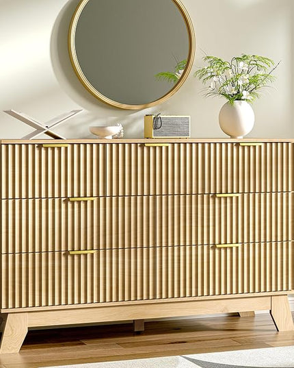 HUANLEGO Fluted Dresser for Bedroom with 7 Drawer, Mid Century Modern Chest of Drawers, 48" Wide Natural Wood Dresser for Closet, Wooden Boho Chest Closet Storage TV Stand for Bedroom, Nature