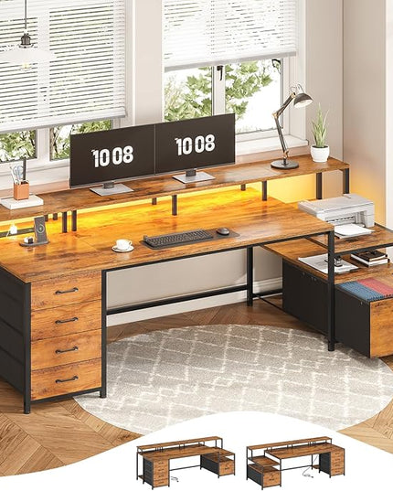 SEDETA Home Office Desk with File Drawer & Power Outlet, 75'' Large Computer Desk with 5 Drawer, Storage Shelves, Monitor Shelf and Led Lights, 23.6" W Desktop Gaming Desk, Rustic Brown