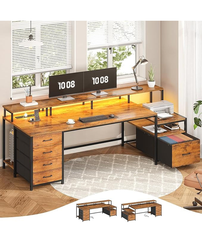 SEDETA Home Office Desk with File Drawer & Power Outlet, 75'' Large Computer Desk with 5 Drawer, Storage Shelves, Monitor Shelf and Led Lights, 23.6" W Desktop Gaming Desk, Rustic Brown