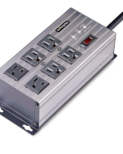 StarTech.com Flat Plug 6-Outlet Heavy Duty Industrial Power Strip 125V/15A with Surge Protector, EMI/RFI Isolation, Mountable PDU, 8ft/2.4m Extension Power Cord, NEMA 5-15P/R, TAA
