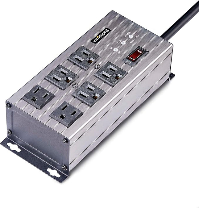 StarTech.com Flat Plug 6-Outlet Heavy Duty Industrial Power Strip 125V/15A with Surge Protector, EMI/RFI Isolation, Mountable PDU, 8ft/2.4m Extension Power Cord, NEMA 5-15P/R, TAA