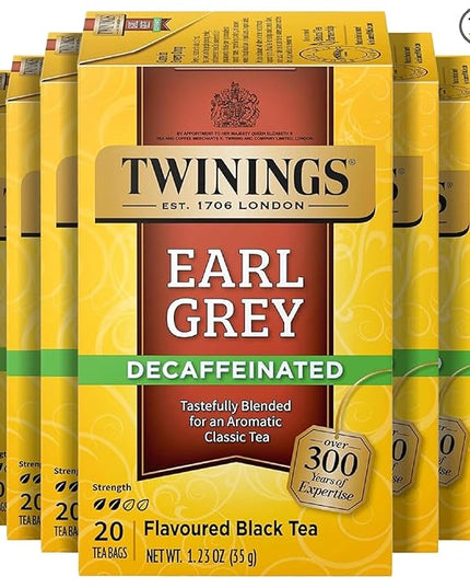 Twinings Decaffeinated Earl Grey Black Tea Individually Wrapped Bags, 20 Count (Pack of 6), Flavoured with Citrus and Bergamot, Enjoy Hot or Iced, 120 Teabags