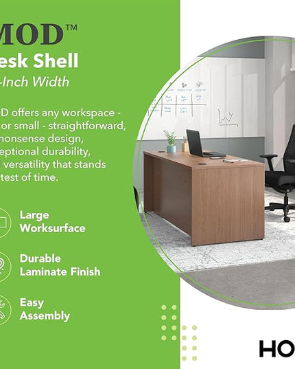 HON MOD Executive Desk 66-Inch Large Computer Desk Shell, Thick Wooden Laminate, Modern Table with Cord Management, 66" W x 30" D x 29" H, Walnut