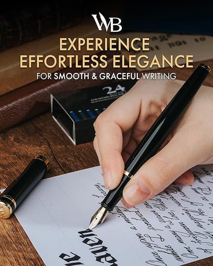 Wordsworth & Black Fountain Pen Set, 18K Gilded Bent Nib, Includes 24 Pack Ink Cartridges, Ink Refill Converter & Gift Box, Gold Finish, Calligraphy, [Black Gold], Perfect for Men & Women
